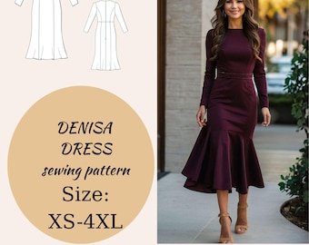 Vestido Denisa - Patrón de costura para un elegante vestido ajustado de manga larga - Patrón imprimible en PDF