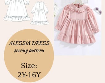Patrón de vestido Alessia, vestido estilo cottagecore con cuello y manga larga para niña, patrón de costura para vestido fruncido infantil, tamaño A4/A0 (EE. UU.), tallas de 2 a 16 años.