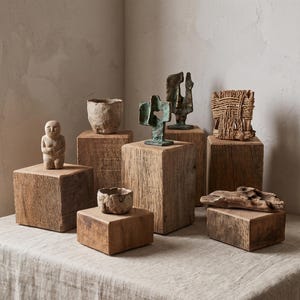 Könnte beinhalten: Eine Sammlung dekorativer Objekte auf Holzblöcken, darunter eine kleine Steinfigur, zwei strukturierte Keramikschalen, eine abstrakte Skulptur aus grünem Metall, eine dunkel bronzefarbene Skulptur, ein geflochtenes Strukturgebilde und ein Stück Treibholz.