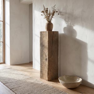 Custom weathered oak plinth — rustic natural wabi-sabi solid wood display column for art, sculptures, decor