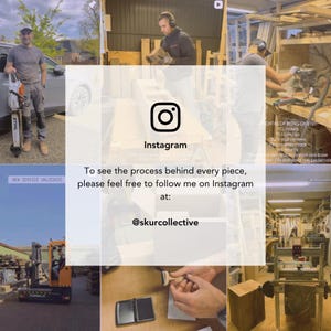 May include: A collage of workshop scenes featuring a person using a chainsaw, woodworking tools, and a forklift, overlaid with a white square containing the Instagram logo, the text Instagram, and the handle @skurcollective.