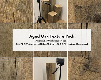 Könnte beinhalten: Eine digitale Sammlung mit dem Titel Aged Oak Texture Pack, die authentische Werkstattfotos von verwittertem braunem Eichenholz mit sichtbarer Maserung, Ästen und Rissen zeigt. Das Set enthält 10 JPEG-Texturen in 4000x4000 px und 300 DPI.