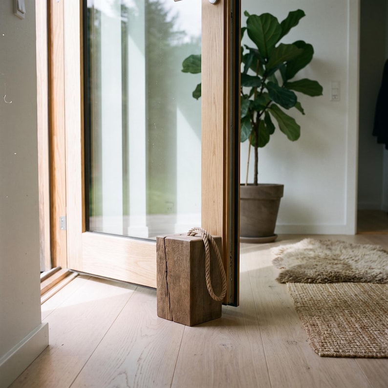 Handmade weathered French oak doorstop - solid wood block with rope handle for interiors, styling and home decor bild 3