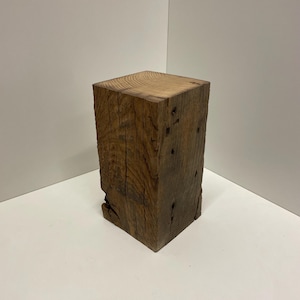 Pu&ograve; includere: Un blocco rettangolare di legno marrone scuro con un motivo a venature visibile sulla superficie superiore. I lati del blocco di legno presentano una consistenza ruvida e usurata con crepe naturali, nodi e fessure verticali.