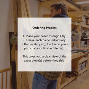 May include: A white square overlay with black text titled Ordering Process, listing three steps: 1. Place your order through Etsy. 2. I make each piece individually. 3. Before shipping, I will send you a photo of your finished item(s).