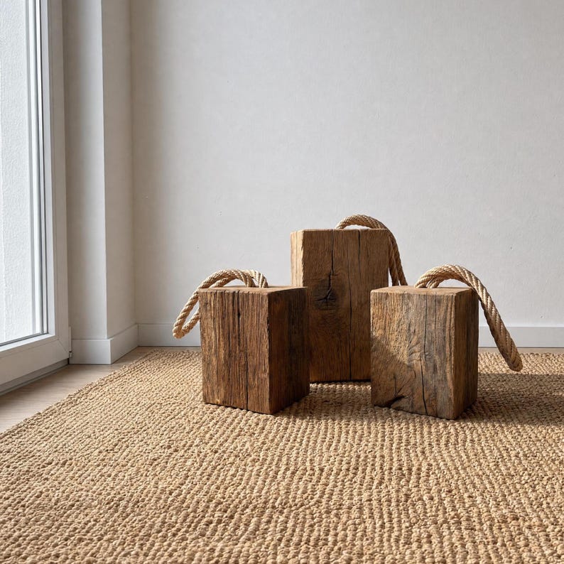 Handmade weathered French oak doorstop - solid wood block with rope handle for interiors, styling and home decor bild 1