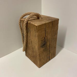 Handmade weathered French oak doorstop - solid wood block with rope handle for interiors, styling and home decor XL: 18x18x30cm