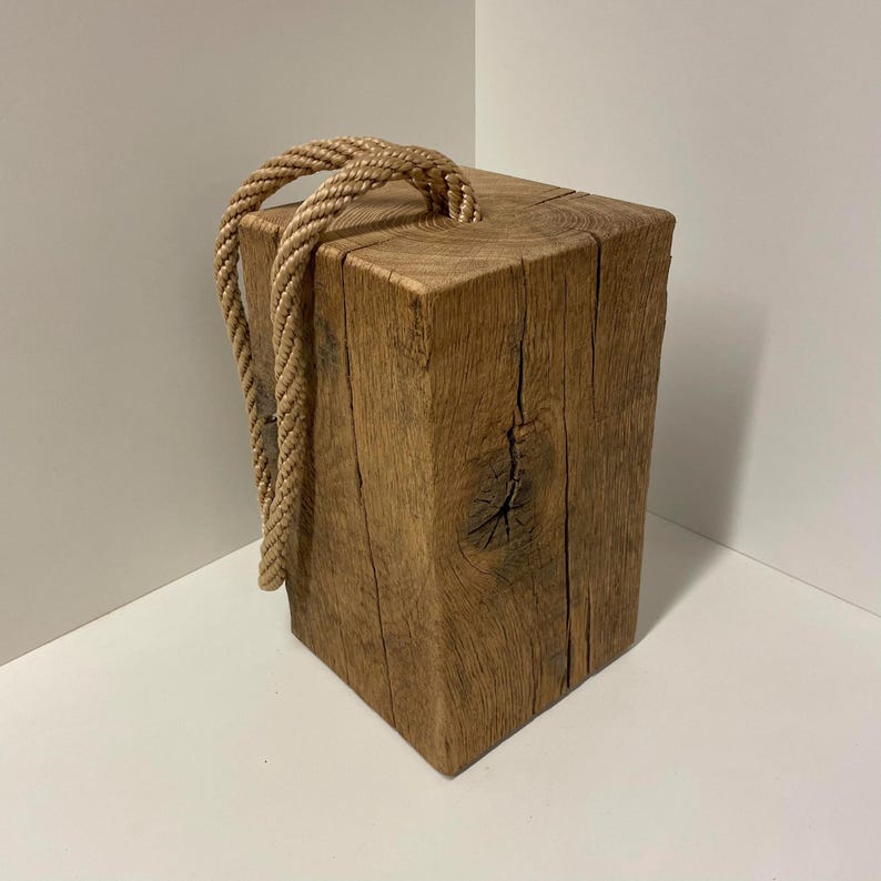 Handmade weathered French oak doorstop - solid wood block with rope handle for interiors, styling and home decor XL: 18x18x30cm