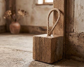 Handmade weathered oak doorstop - 15x15x15cm rustic solid French wood for interiors, styling and decor