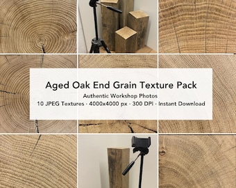 Könnte beinhalten: Eine digitale Sammlung mit dem Titel Aged Oak End Grain Texture Pack mit authentischen Werkstattfotos. Das Bild zeigt zehn JPEG-Texturen mit 4000x4000 px Auflösung bei 300 DPI, die detaillierte hellbraune Holzmaserungen und Holzpfosten zeigen.