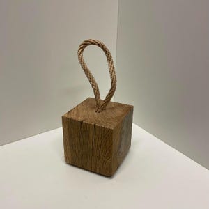 Handmade weathered French oak doorstop - solid wood block with rope handle for interiors, styling and home decor M Cube: 15x15x15cm