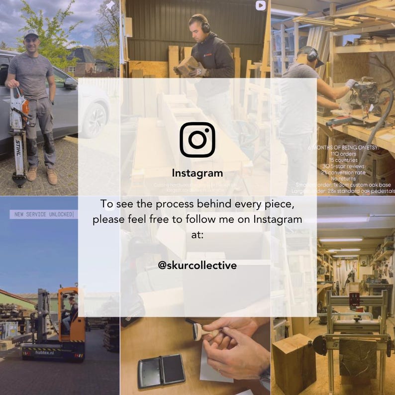 May include: A collage of workshop scenes featuring a person using a chainsaw, woodworking tools, and a forklift, overlaid with a white square containing the Instagram logo, the text Instagram, and the handle @skurcollective.
