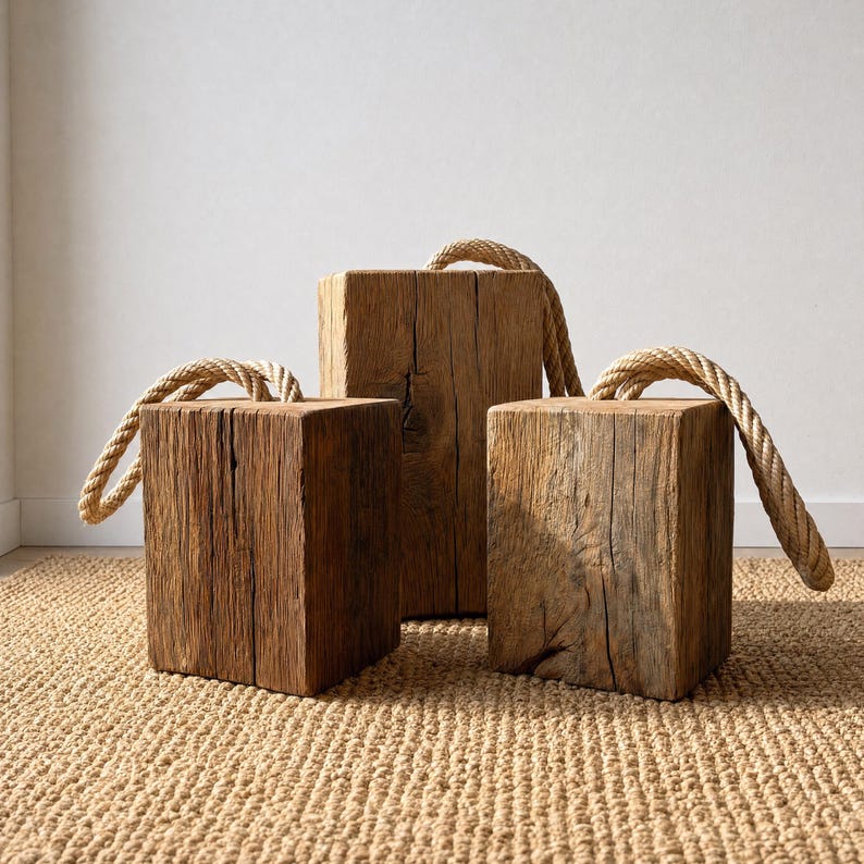 Handmade weathered French oak doorstop - solid wood block with rope handle for interiors, styling and home decor bild 2