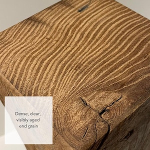 May include: A square block of natural wood featuring a prominent, dense, and visibly aged end grain pattern with light brown tones and a distinct knot. The surface displays text that reads: Dense, clear, visibly aged end grain.