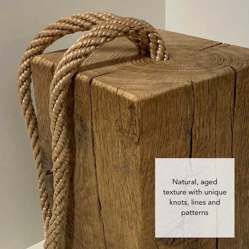 Handmade weathered French oak doorstop - solid wood block with rope handle for interiors, styling and home decor bild 4