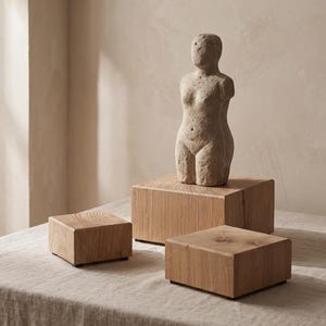 May include: A beige stone sculpture of a human torso with a textured surface, positioned on a large square wooden block. Two additional smaller square wooden blocks with visible grain patterns are placed in front of the sculpture.