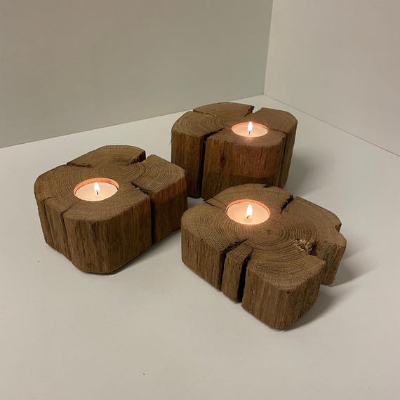 19th century reclaimed barnwood tealight candle holder trio from French oak beams