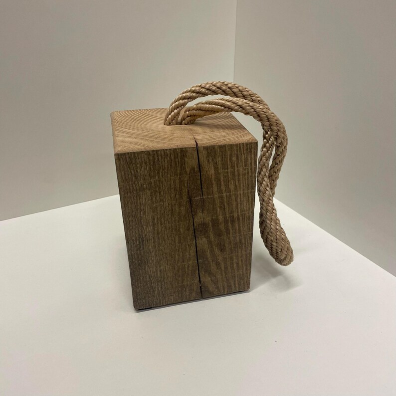 Handmade weathered French oak doorstop - solid wood block with rope handle for interiors, styling and home decor M: 15x15x20cm