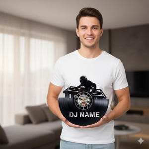 Handgjord, anpassningsbar vinylväggklocka med 33 varv/minut, DJ NAME
