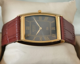 Vintage Seiko Tank Watch: black Dial, Gold Plated case Handmade Leather