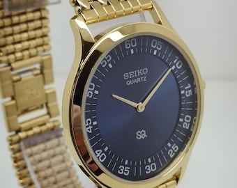 Vintage Seiko Slim Tank Style Quartz Men's Wrist Watch, Round Watch, Blue Dial