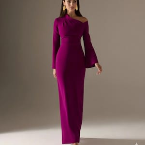 purple long sleeve prom dresses Illusion Neck Lilac Trumpet Dress with its V Purple Long Tulle Train Length
