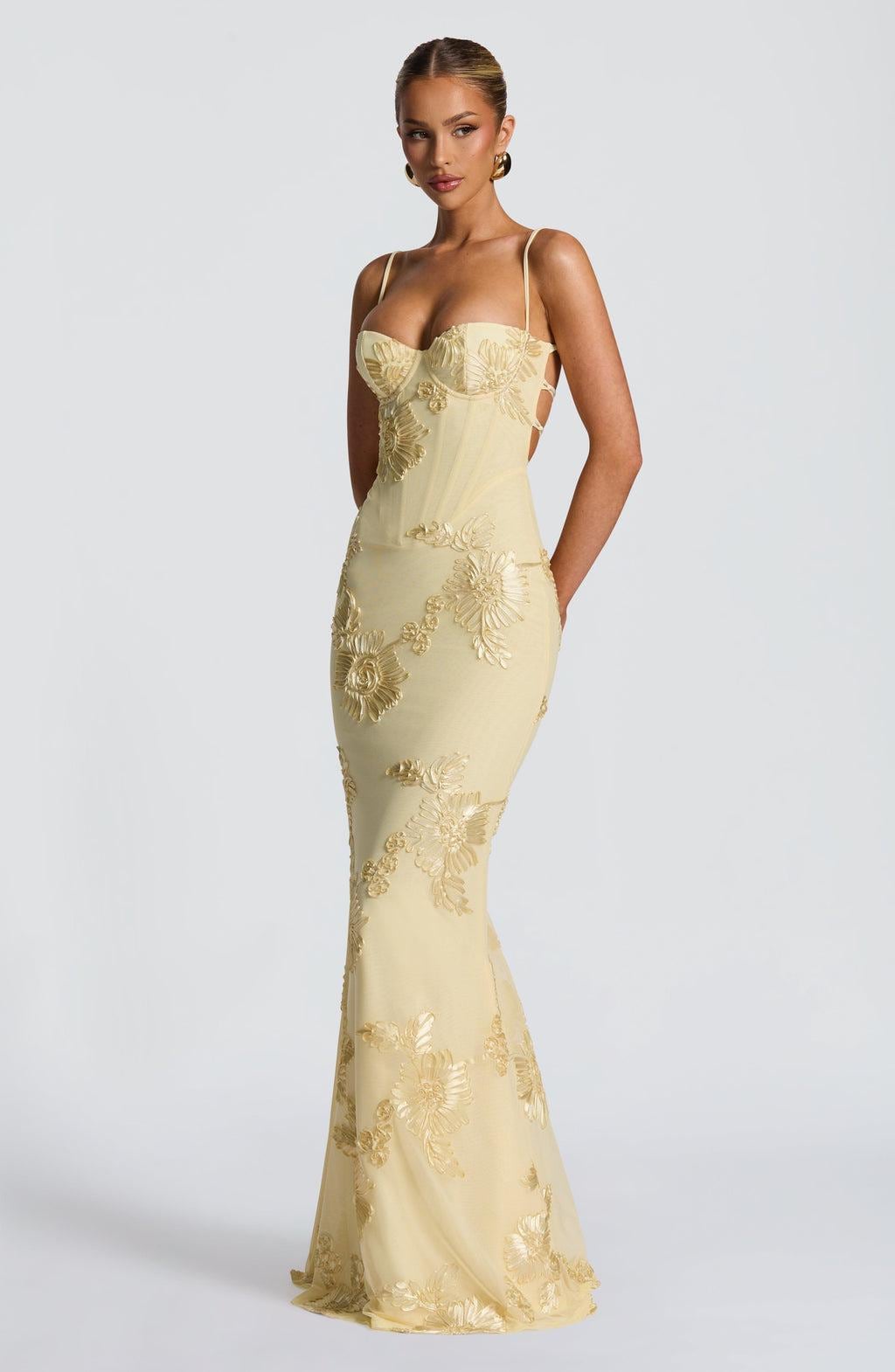 strapless open back dress Yellow Mermaid Long Prom Dress with Appliques main image 1