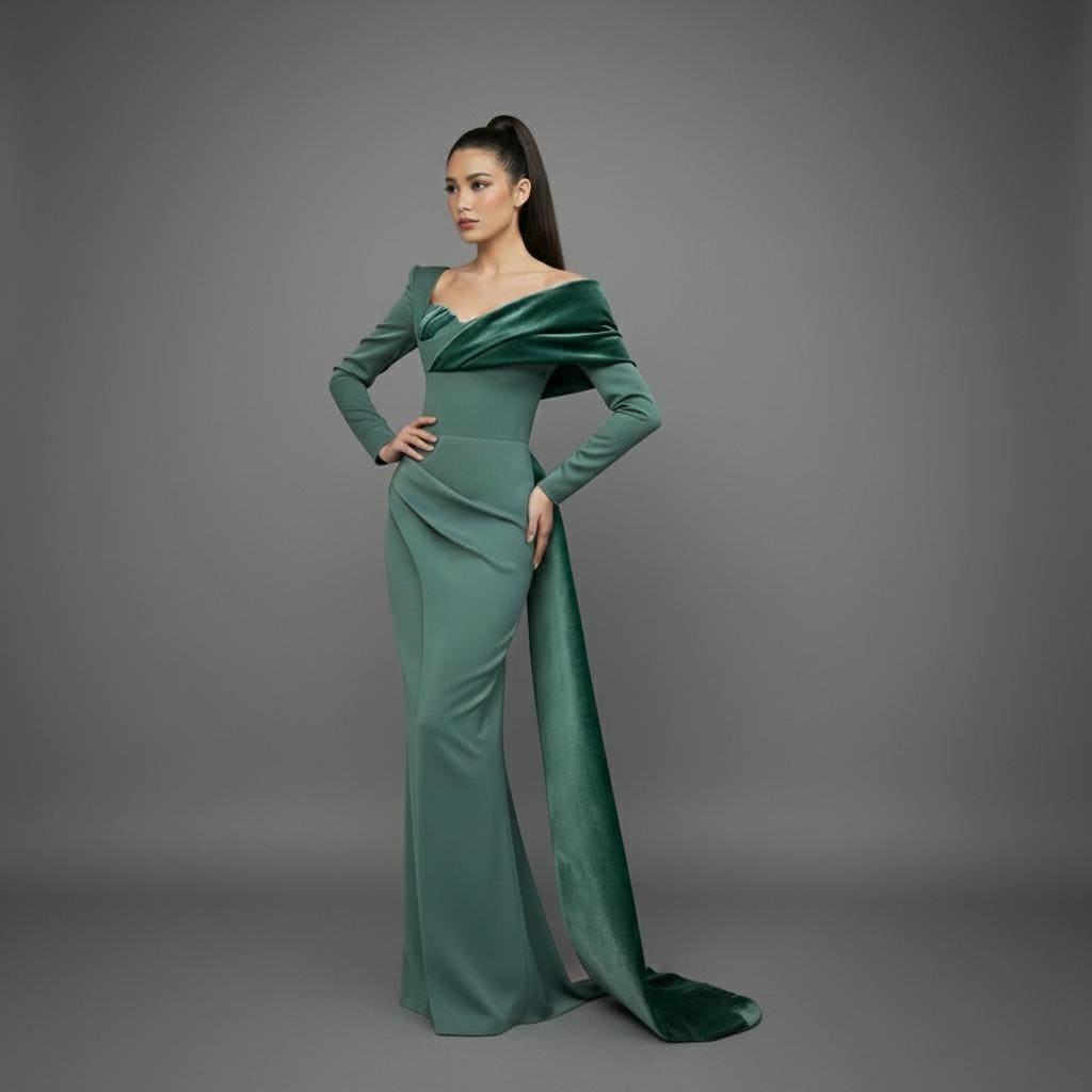 Off the shoulder tea length wedding dress - België