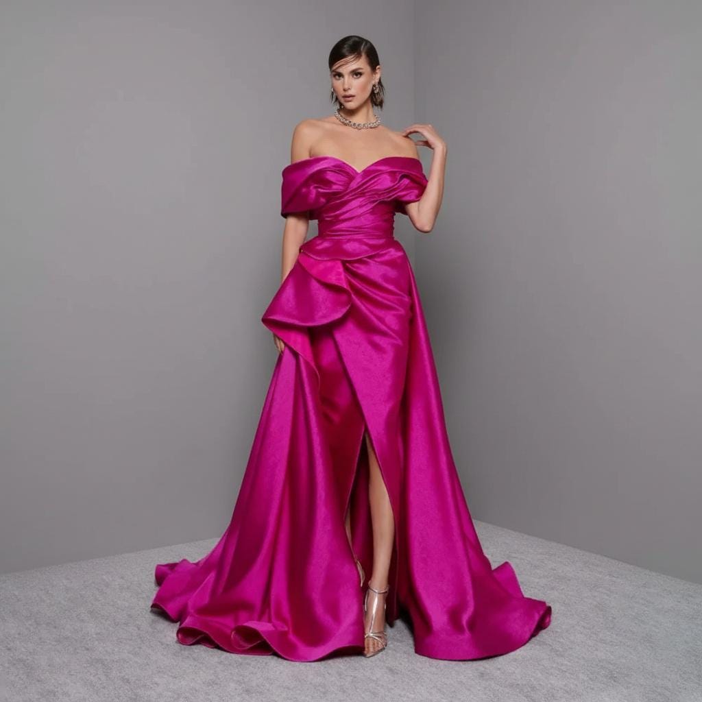 Fuchsia Satin Off-Shoulder Formal Gown: Draped Twisted Bodice, A-Line Evening Ball Dress with Slit