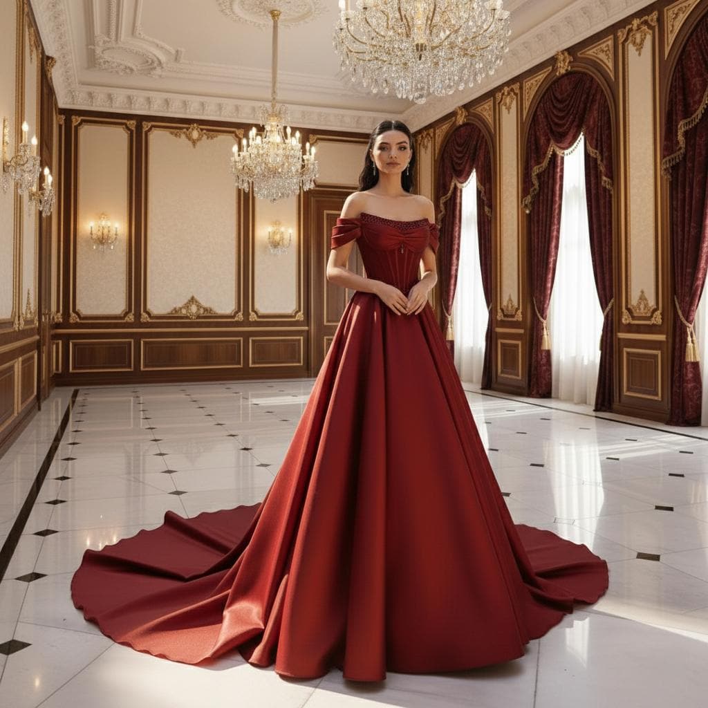 Wine Red Satin Formal Gown: Off-Shoulder Corset Bodice