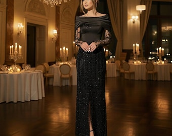 Black Satin & Embroidered Net Formal Gown: Off-Shoulder Draped Bodice, Lace Sleeve Evening Dres