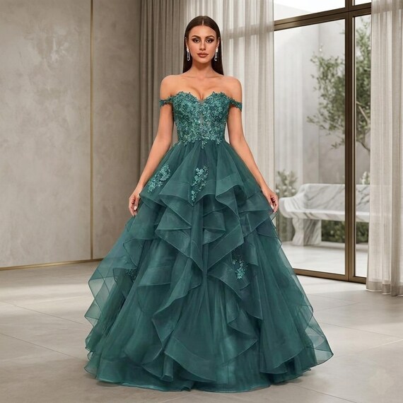 emerald green ruffle dress Off-shoulder Ball Gown: Embroidered Corset Bodice, Layered Formal Sky Blue Deep V-Neck Backless Mini New Looks from Chic YC 2026-09-03 Strapless dress Chiffon Colors:Lilac 807
