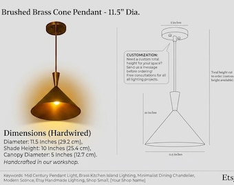 Brass Cone Pendant Light, Mid Century Modern Hanging Ceiling Lamp, Italian Style Kitchen Island Lighting, Minimalist Dining Room Fixture