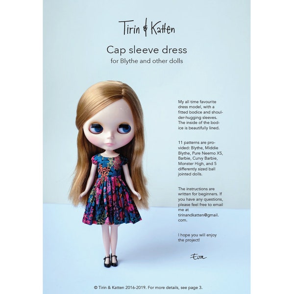 Tutorial: Cap sleeve doll dress sewing pattern for Blythe, Middie Blythe, iMda, Barbie, Monster High, Pure Neemo XS, Mini Dollfie Dream