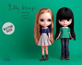 May include: Two Blythe dolls wearing handmade outfits. The doll on the left is wearing a blue and white blouse with a white collar, a gray skirt, and brown boots. The doll on the right is wearing a green blouse with a white collar, blue jeans, and brown shoes. The text "Lilly blouse sewing pattern + skirt Blythe size" is visible in the image.
