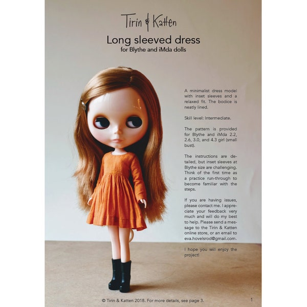 Tutorial: Long sleeved doll dress sewing pattern for Blythe dolls and iMda BJD. PDF download. YoSD, MSD, Paola Reina Amigas..