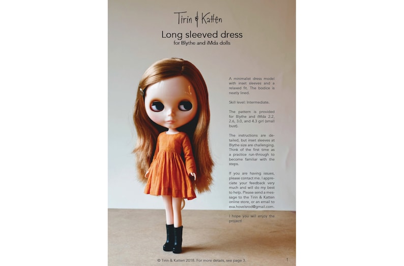 Tutorial: Long sleeved doll dress sewing pattern for Blythe dolls and iMda BJD. PDF download. YoSD, MSD, Paola Reina Amigas.. 