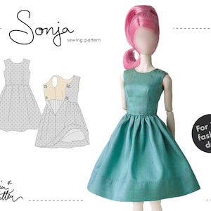 Sewing pattern for 12&quot; dolls in many shapes including regular, full figure, tall, petite, vintage etc. Sonja doll dress. PDF download.