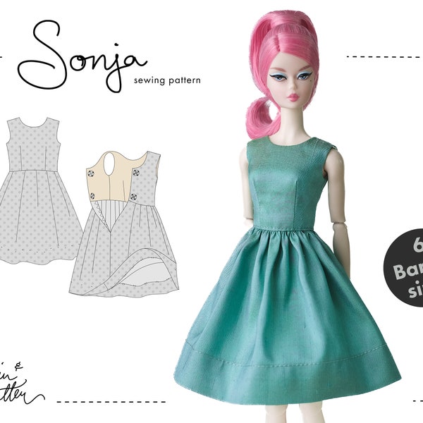 Sewing pattern, Barbie sizes. Sonja doll dress. PDF download. Regular, curvy, petite, tall, Made to Move, vintage, Silkstone, Model Muse