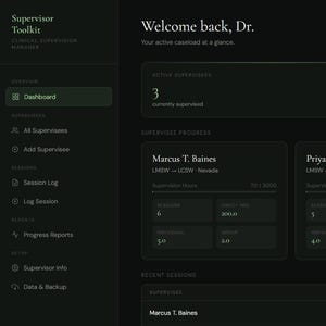 May include: A dark green user interface with the text "Welcome back, Dr." at the top. The interface displays various data points and a list of tasks. The left side has a vertical menu with options like "Dashboard" and "All Appointments".
