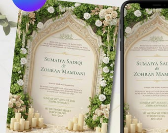 Luxury Islamic Wedding Invitation | Elegant Outdoor Nikkah Invite | Floral Muslim Engagement Invitation