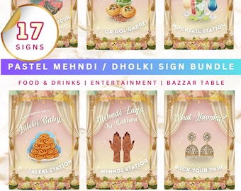 17 Pastel Mehndi / Dholki Sign Bundle | Pakistani / Indian Henna Night | Bollywood Songs | Instant Download