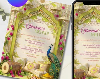 Green Mehndi Sangeet Invitation | Indian Wedding, Peacock Arch (Digital Download)