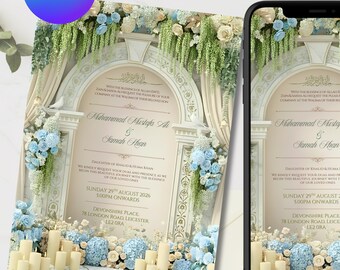 Bridgerton Blue Walima Invitation Template | Islamic Wedding Nikkah Invite (Digital Download)