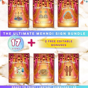 Op de afbeelding: Een verzameling afdrukbare Mehndi-bord sjablonen met illustraties van waterpijpen, oorbellen en jalebi. De bundel bevat 17 borden en 2 gratis bewerkbare bonussen. Klaar om af te drukken en direct te downloaden.