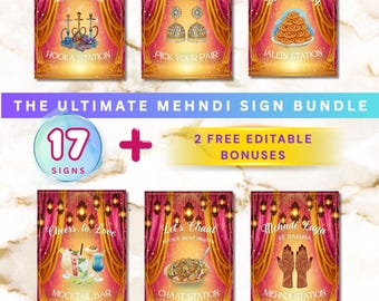 17 Mehndi/Dholki Sign Bundle | Printable Mehndi Signs + 2 Editable Templates | Indian Wedding Signage