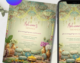 Jade Green Mehndi Invitation Template | Sangeet Night, Editable Canva Digital Invite