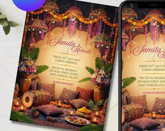 Bearbeitbare Mehndi-Einladung mit Regenschirmen | Indische / Pakistanische Hochzeit Sangeet Einladen | Canva Vorlage | Sofort Download