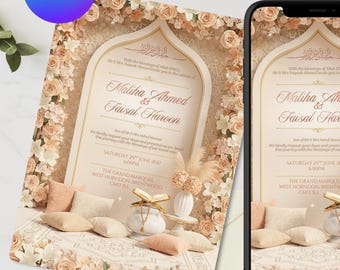 Floral Nikkah Invitation Template | Islamic Wedding Invite | Pink & White Modern Muslim Nikkah | Digital Download