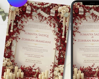 Luxury Red Islamic Wedding Invitation | Nikkah Invite Template | Muslim Engagement, Baraat, Walima